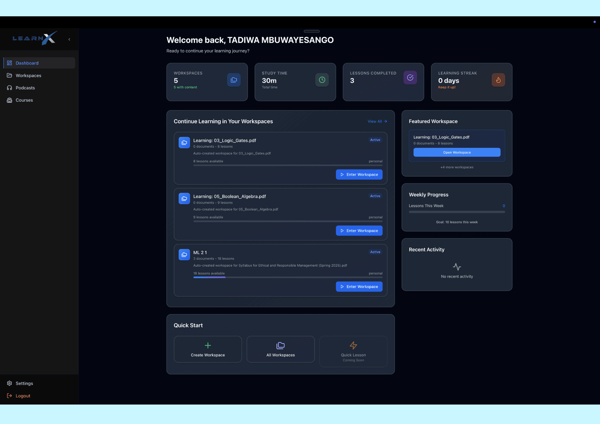 LEARN-X dashboard showing AI-generated micro-lessons